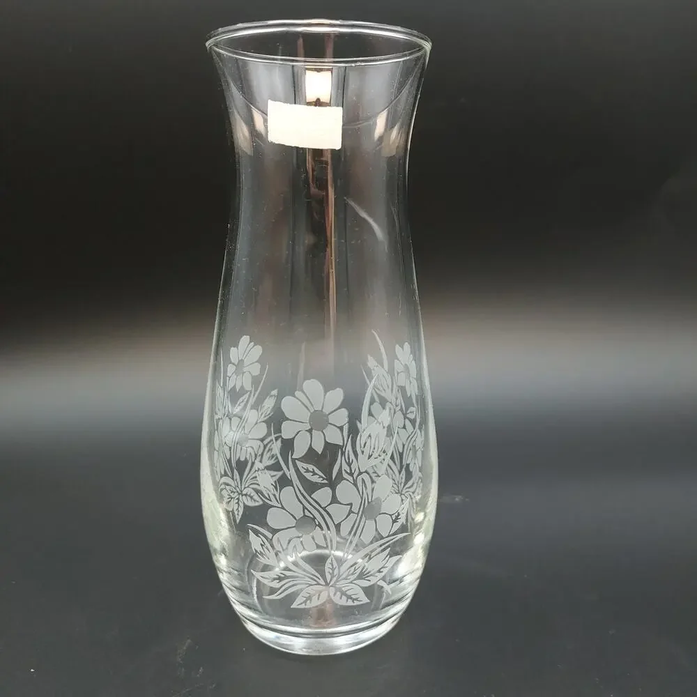 Vintage Pasabahce Etched Glass Daisy Vase Turkey Frosted Floral Bud Vase 7